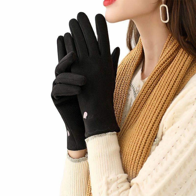 Women Winter Keep Warm Touch Screen Non-Slip Wearable Outdoor Cycling Thicken Not Bloated Plus Velvet Cartoon Embroidery Gloves