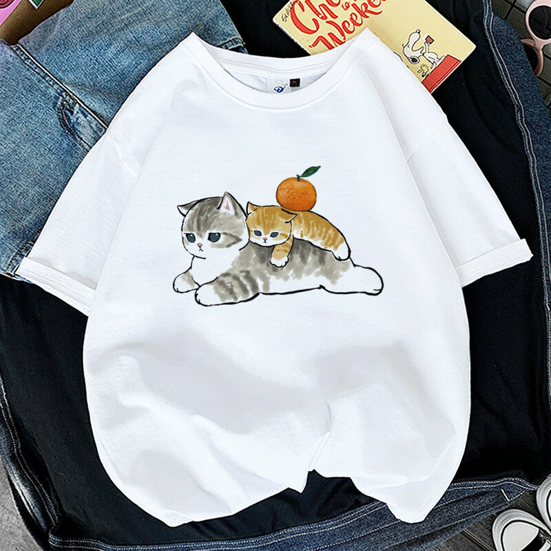 Kawaii Cat Women Print Funny T-shirt Girl Animal Y2K Fashion 90S Print Tops Tee Gril Black White Clothes,Drop Ship