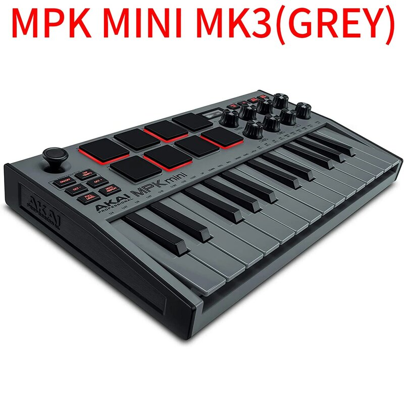 AKAI Профессиональный MPK Mini MK3 - 25 клавиш USB MIDI контроллер клавиатуры с 8 подсветками барабанные колодки, 8 ручек (серый)