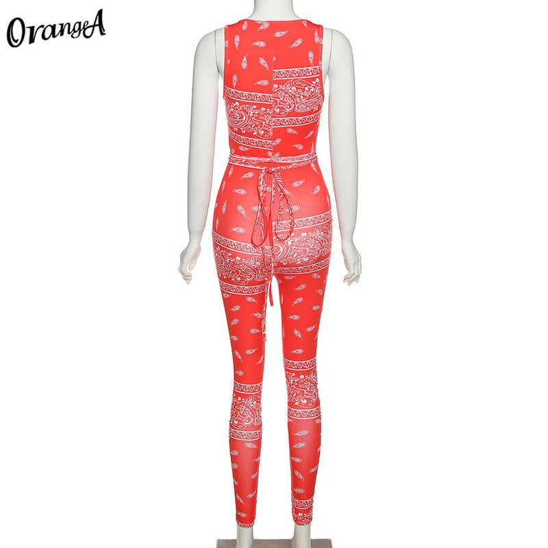 OrangeA sexy hollow out women jumpsuits v-neck fitness print activewear bodycon casual sleeveless elastic fashion femal rompers