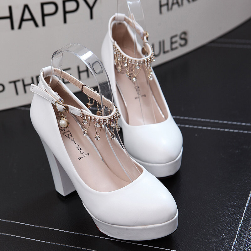 Women Wedding Shoes Crystal Ankle Strap Pumps White Dress Shoes Medium Heels Bridal Shoes Platform Designers Shoes 11cm