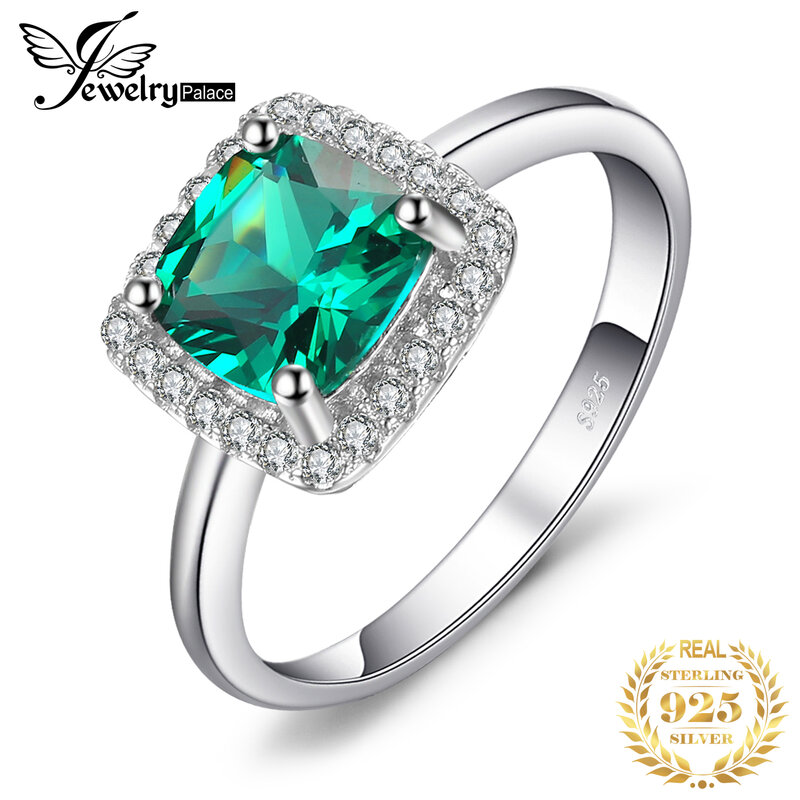 JewelryPalace Green symulowane Nano Emerald 925 srebro pierścionki dla kobiet pierścionek zaręczynowy aureola oświadczenie Gemstones biżuteria