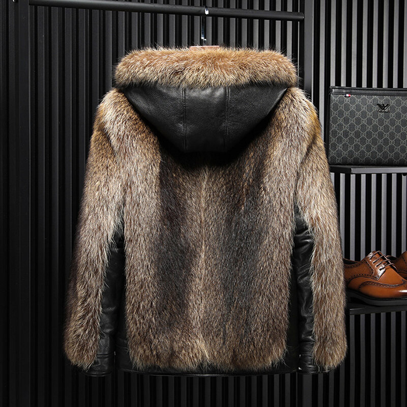 2021 luhayesa luxo guaxinim cão casaco de pele dos homens marrom real casaco de pele novo 100% genuíno fofo roupas de pele
