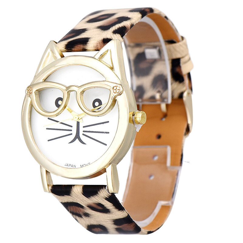 2020 Fashion Ladies Leopard Watches Women Faux Leather Band Quartz Wristwatches Best Gift Print Watches Cute Glasses Cat Watches