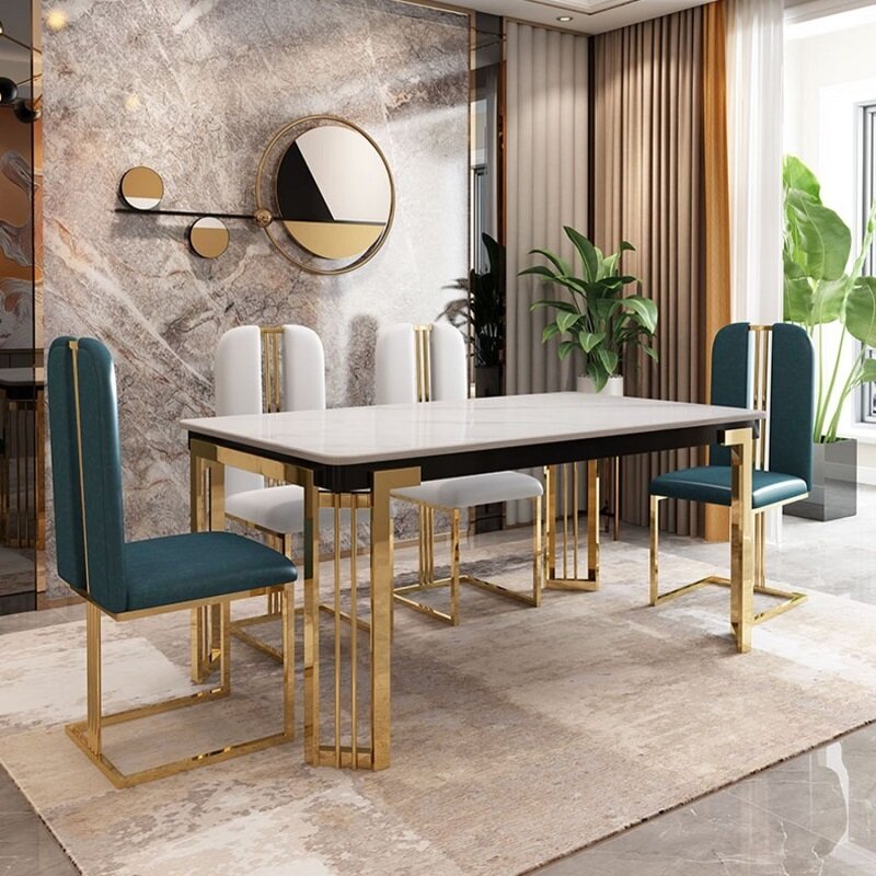 Mesa de jantar italiana, minimalista, moderna, retangular, simples, nórdica, de mármore, com combinação de cadeiras