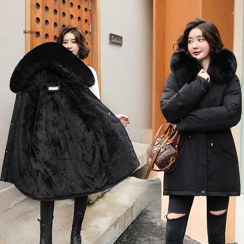 Chaqueta gruesa de algodón para mujer, abrigo largo informal con forro de piel y capucha, Parka cálida para otoño e invierno, novedad