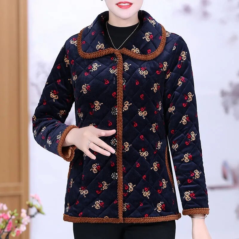 어머니 벨벳 캐주얼 따뜻한 재킷, 중년 노인 싱글 브레스트 인쇄 짧은 패션, 루즈 코튼 코트 B, 겨울 신상