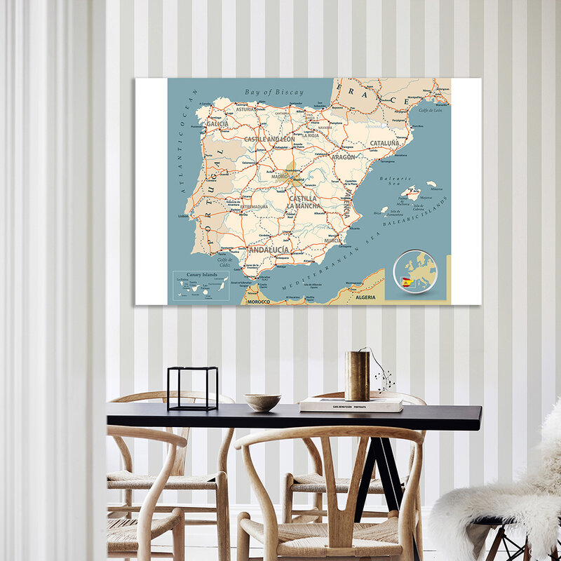 Mapa da rede de vias da espanha, arte da parede, pôster, pintura em tela, material escolar, decoração de casa, 150x100 cm