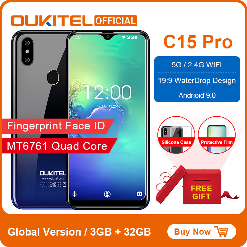 Oukitel c15 pro android 9.0 telefone móvel 3 gb 32 gb mt6761 impressão digital face id 4g lte smartphone 2.4g/5g wifi waterdrop tela