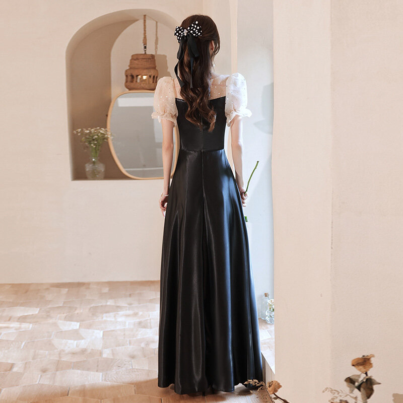 European Style Women's Evening Dress V-Neck Puff Sleeve Gentle Formal Evening Dresses Sequined Floor-Length Graceful Party Gowns