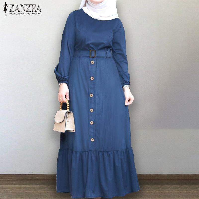 Plusขนาดผู้หญิงฤดูใบไม้ร่วงSundress ZANZEA Elegantมุสลิมเสื้อแขนยาวMaxi Vestidosปุ่มหญิงRuffle Vestidos 5XL