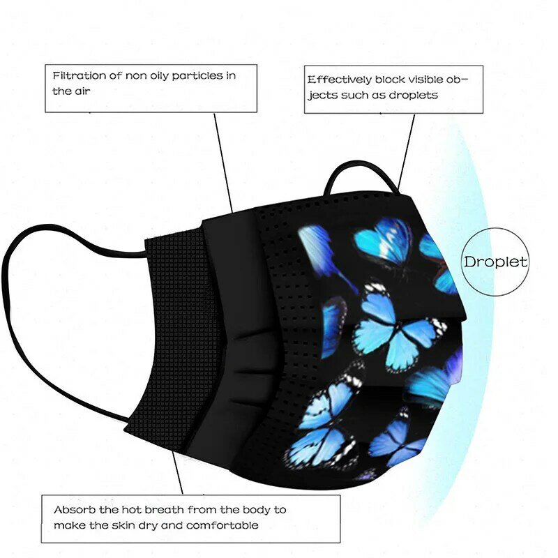 Mascarilla desechable de 3 capas para adultos, máscara protectora con estampado de mariposas, color negro, 25/50 piezas, navidad