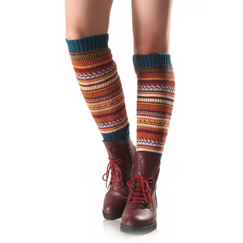 Leggings chauds tricotés à rayures pour femmes, taille unique, Style bohème, européen et américain, longueur aux genoux, automne et hiver