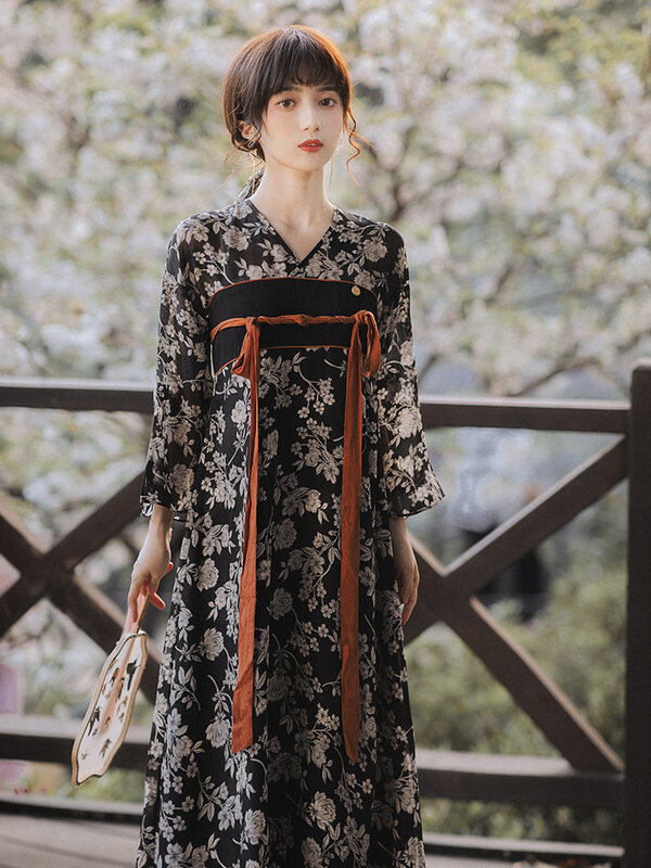 Vestido chinês hanfu preto e branco, vestido de impressão retrô, elementos da china, vestido cosplay feminino, saia longuette, verão, roupas da china