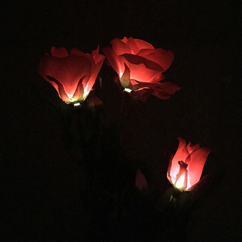 Alimentado por energia solar 3 led rosa flor jardim luz noturna lâmpada decorativa de festa ao ar livre