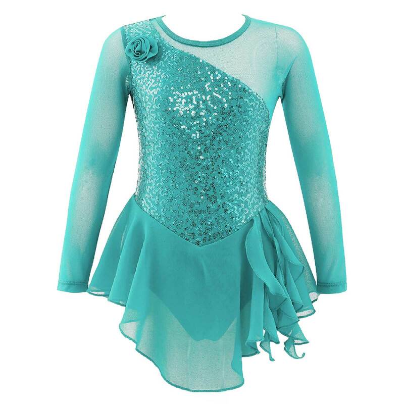 4-14 Years Kids Girls Ballet Leotards Dance Clothing Long Sleeve Sequins Decor Flower Front Hollow Back Tutu Ballet Dance Dress