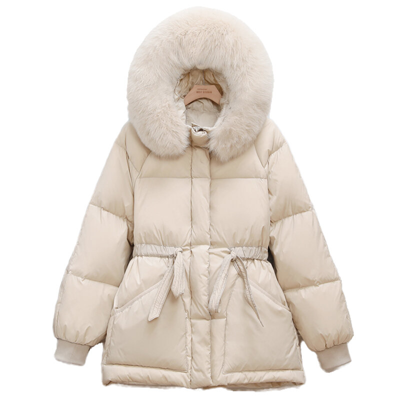 겨울 따뜻한 두꺼운 90% 화이트 오리 다운 재킷 패션 슬림 여성 여우 큰 모피 칼라 짧은 다운 코트 드로우 스트링 여성 파카