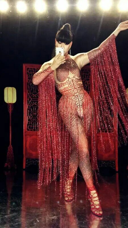 Sexy Glisten Crystal Red tuta lunga nappa strass tuta donna Outfit Nightclub cantante Costume Stage Dance DS tuta