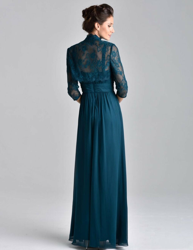 Teal Blue Chiffon Mother Of The Bride Dress 3/4 Long Sleeve With Lace Jacket Crystal Beaded Mother Evening Gowns فساتين السهرة