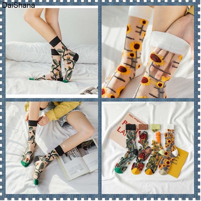 2021 New Product  High Quality Women Socks Harajuku Crystal Slik Tide Socks Funny Sunflowers Vines Flowers Happy Cute Socks