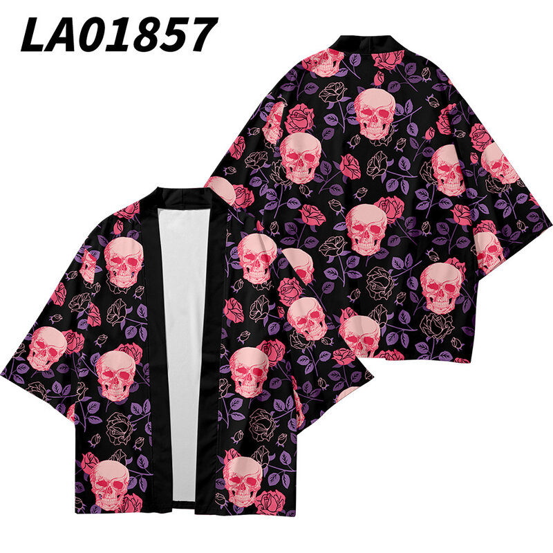 สีชมพู Rose Skull พิมพ์เสื้อคลุมฮาโอริแฟชั่นญี่ปุ่น Kimono Kimetsu ไม่มี Yaiba Robe Cardigan เสื้อผู้ชาย Yukata เสื้อผ้า