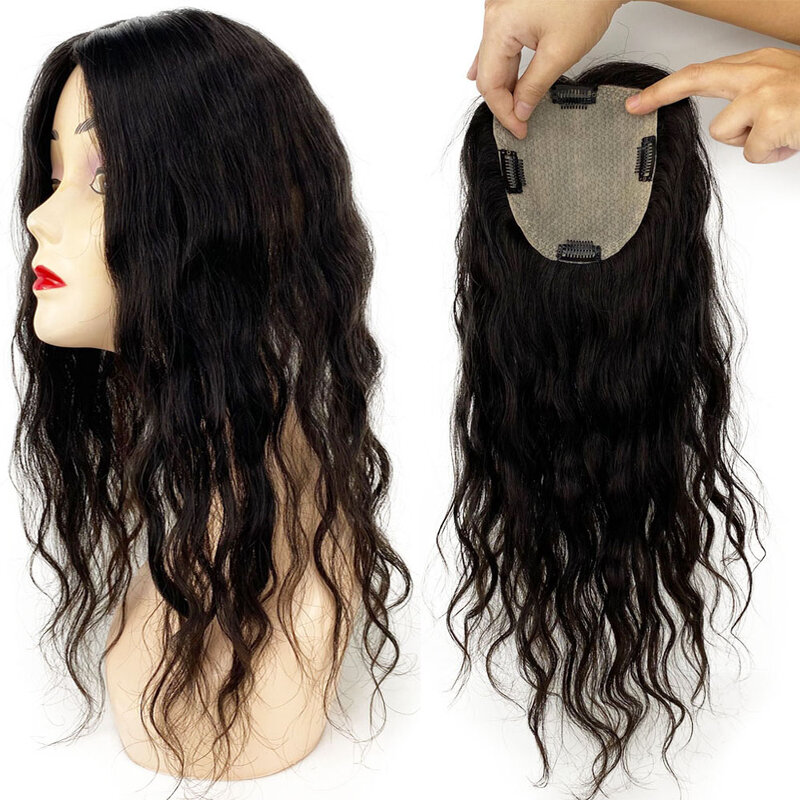 Base de piel de seda para mujer, Topper de cabello humano virgen brasileño con 4 Clips en el cabello, tupé ondulado, postizo fino, Top de cuero cabelludo Real