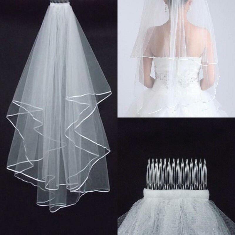 Véu branco do casamento com pente, tule véus para o casamento, laço fita borda, acessórios do casamento