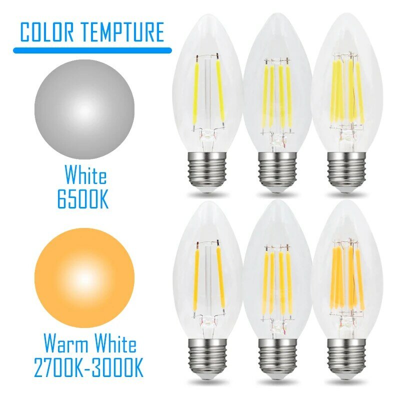 밝기 조절이 가능한 C35 LED 6 개 팩, 에디슨 E26, E27 빈티지 레트로 촛불 램프, 필라멘트 전구 장식, 백열등, 110V, 220V