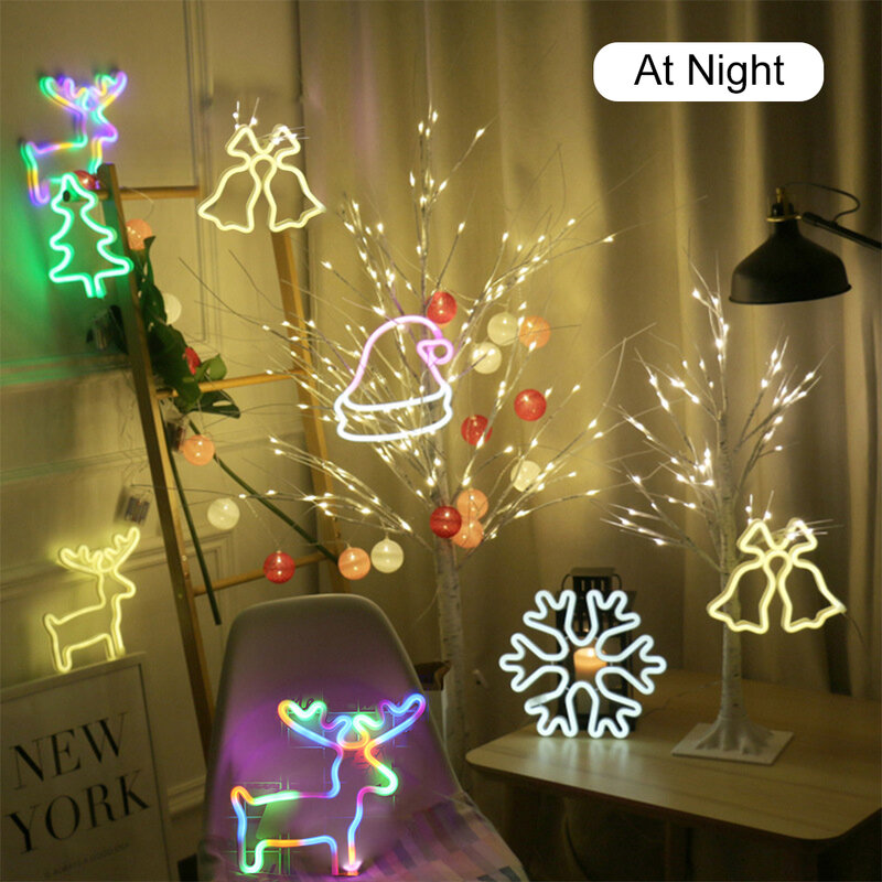 Señal de luz LED de neón para decoración navideña, luz nocturna con forma de árbol de Navidad y copo de nieve, ciervo alimentado por batería, USB, para fiesta de boda