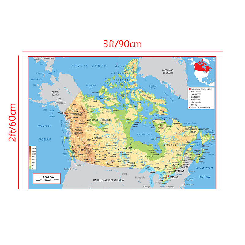 Canada ภูมิประเทศแผนที่ภาษาฝรั่งเศสคำ90*60ซม.ภาพวาดผ้าใบโปสเตอร์และพิมพ์ภาพ Wall Art Class Room อุปกรณ์