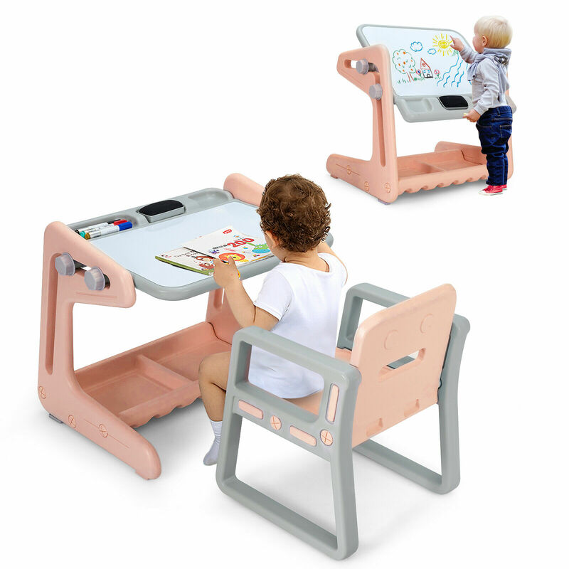 2 in 1 Kids Easel Table Chair Set Adjustable Art Painting Board w/Art Supplies  TY327805