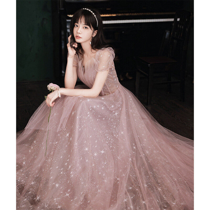 Koreaanse Stijl Lovertjes Korte Mouw Zachte Partij Jassen Voor Vrouwen Floor-Length A-lijn Lace-Up Applicaties Borduren Celebrity jurk