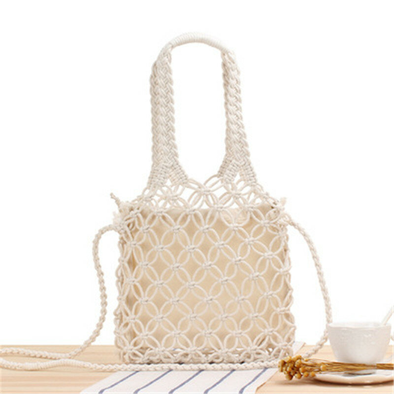 Pure Color Hand Carrying Crossbody Hollow Woven Cotton String Beach Straw Bag Net Pocket Vacation Designer Handbags High Quality