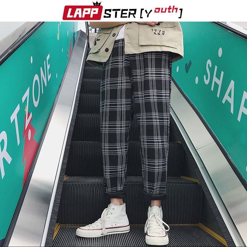 LAPPSTER-jeunesse Streetwear noir Plaid pantalon hommes Joggers 2020 hommes droite Harem pantalon hommes coréen Hip Hop pantalon grande taille