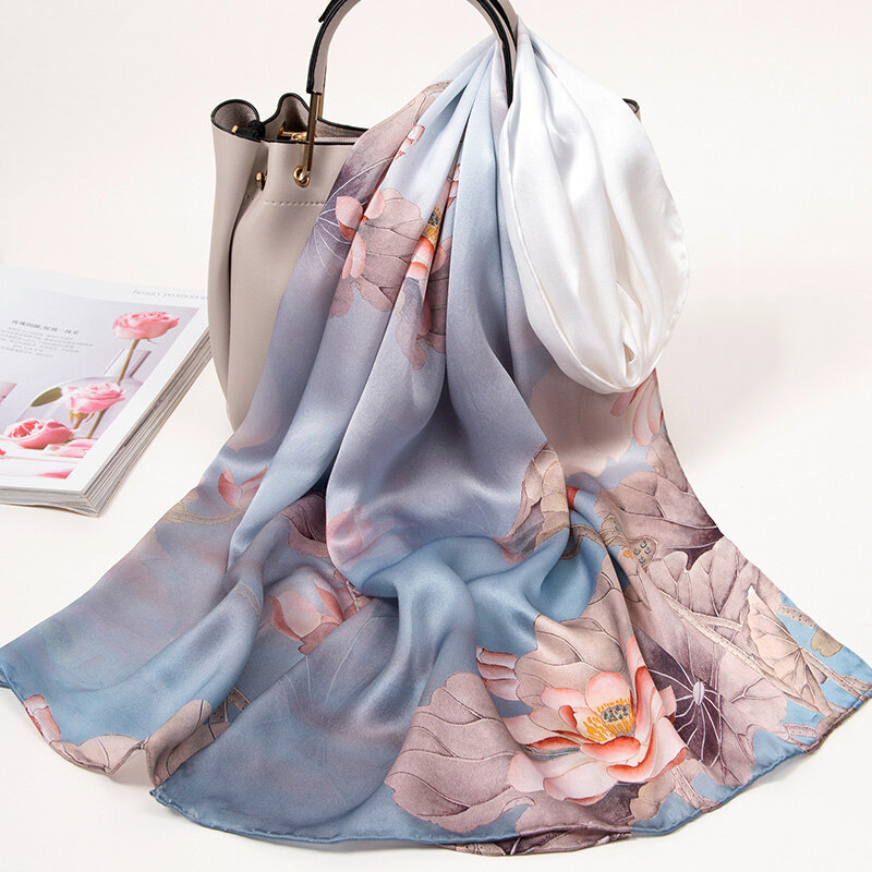 Женский длинный Шелковый шарф из чистого шелка в китайском стиле, шали из натурального шелка 170*53 см, женский шейный платок, роскошный глушитель с цветочным принтом