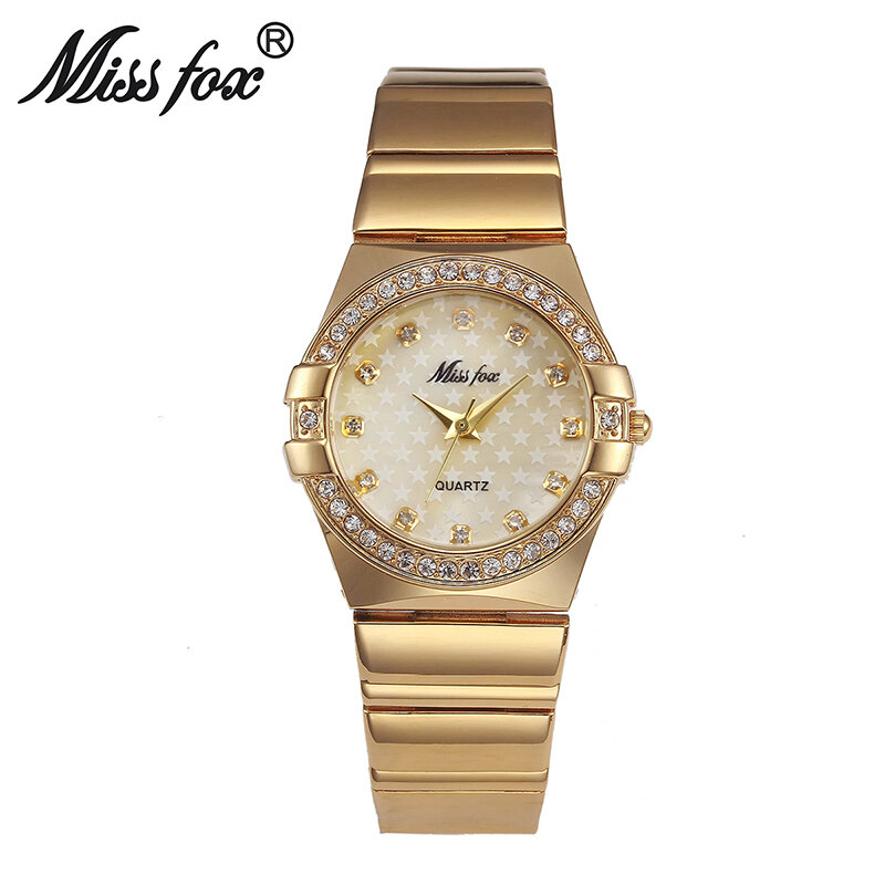 MISSFOX ساعة ذهبية موضة العلامة التجارية حجر الراين Relogio Feminino Dourado ساعة نسائية Xfcs Grils نجم دور الأصلي الساعات