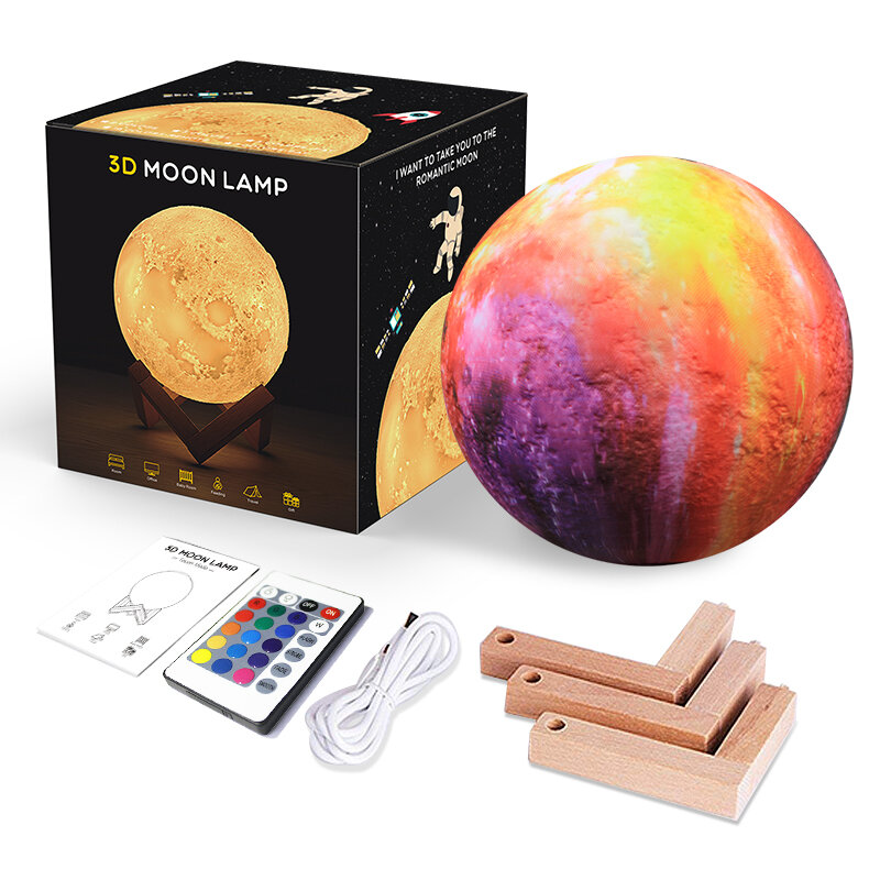 Romantic 3D Print Colorful Sky Moon Lamp Rechargeable Night Light For Moon light with 3Colors 16Colors Remote Decor Gift
