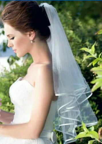 Handmade noiva véu com pente, véu branco do casamento, comprimento do cotovelo, 2 camadas