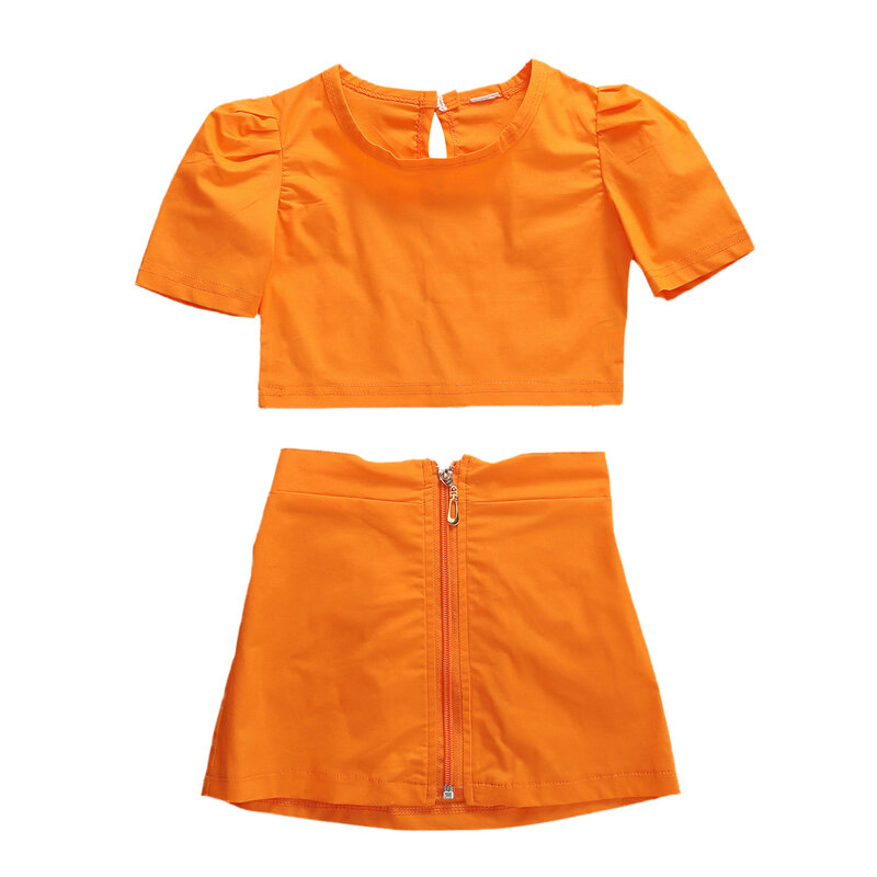 Małe dziewczynki pomarańczowe bufiaste rękawy Top + spódnica z zamkiem błyskawicznym zestaw dziecięcy letni strój dwuczęściowy