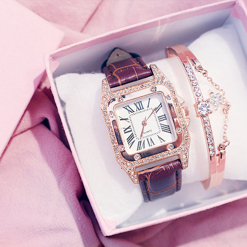 Frauen diamant Uhr starry Luxus Armband set Uhren Damen Casual Leder Band Quarz Armbanduhr Weibliche Uhr zegarek damski