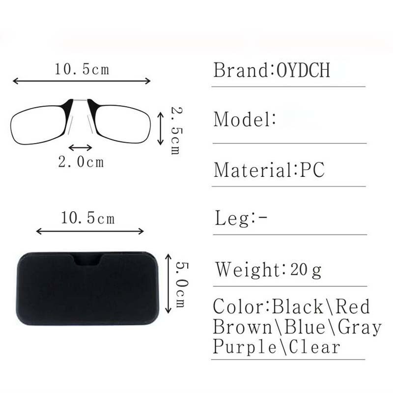 남녀용 다리 없는 클램프 코 독서 안경, 휴대용 스티커 휴대폰, 초박형 안경 케이스, 2.00 + 2.50