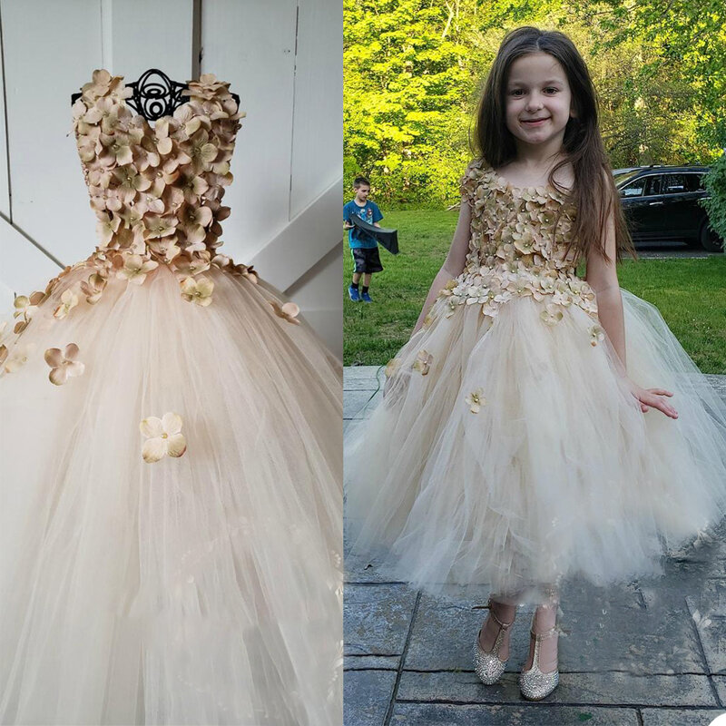 Linia kwiat dziewczyny sukienka O Neck bez rękawów 3D kwiatowe aplikacje urodziny dzieci kostium imprezowy Tea długość sukienki