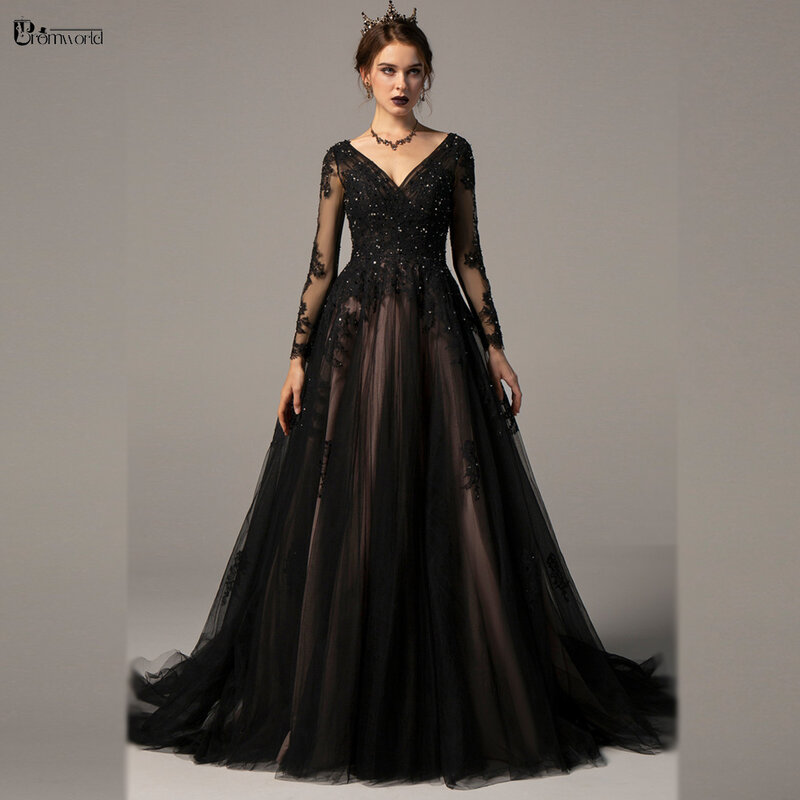 Gaun Prom Lengan Panjang Hitam Gotik Floral Gaun Malam A-Line Manik-manik Renda Kerah V Seksi 2023 Vestidos Ukuran Besar Terbuka Belakang