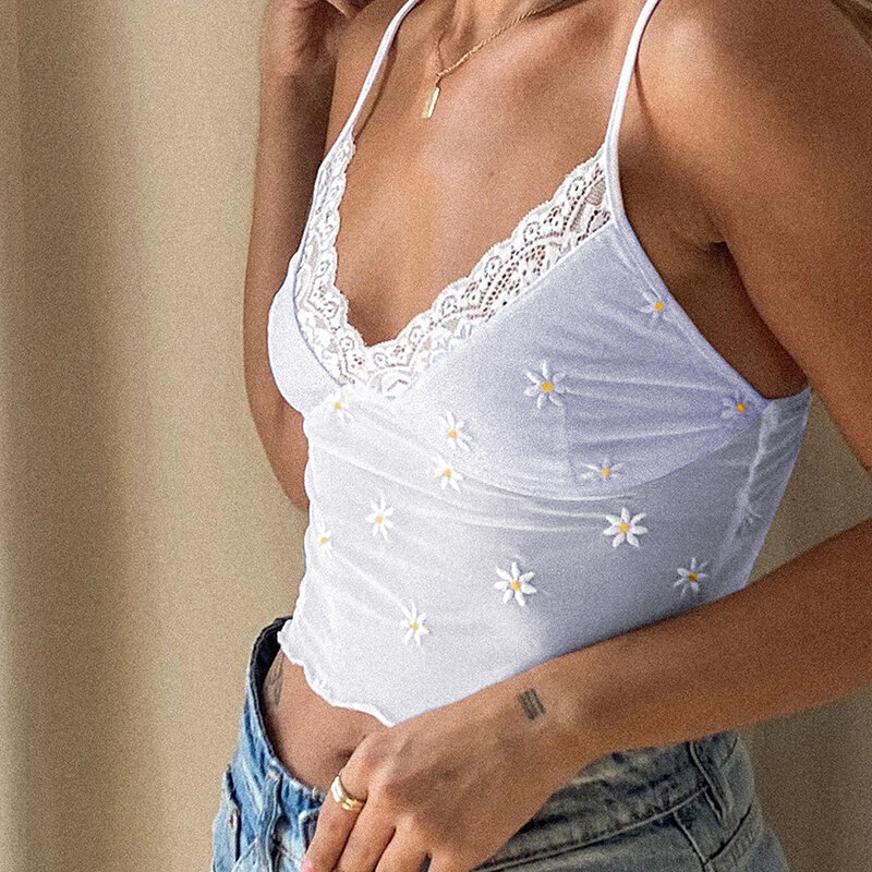 White Lace Sexy Sleeveless Spaghetti Strap Top Summer Printed Backless Cami Crop Tops Women V Neck Printed Y2K V Neck