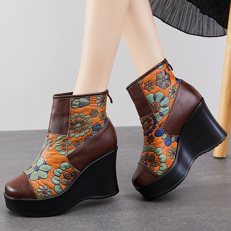 GKTINOO 2023 New Women Boots Genuine Leather Women Shoes Round Toe Winter Wedges Handmade Leisure Ankle Platform Boots