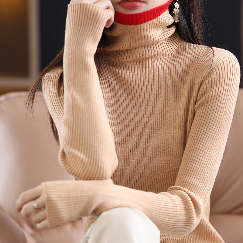 가을 소프트 캐시미어 여성의 높은 목 빨간색 가장자리 스웨터 스웨터 가을/겨울 2021 한국어 스타일 슬림 패션 스트라이프 풀 오버