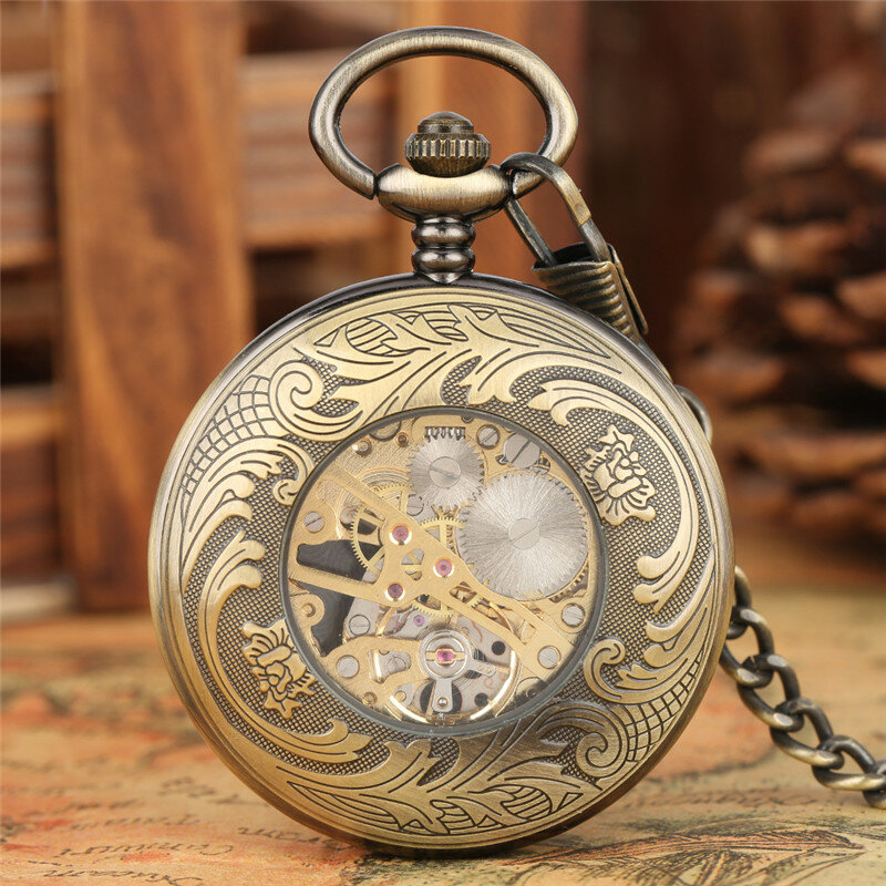 Requintado relógio de bolso mecânico para homens e mulheres, flores de lótus oco vento mão relógio esqueleto vintage, melhor presente