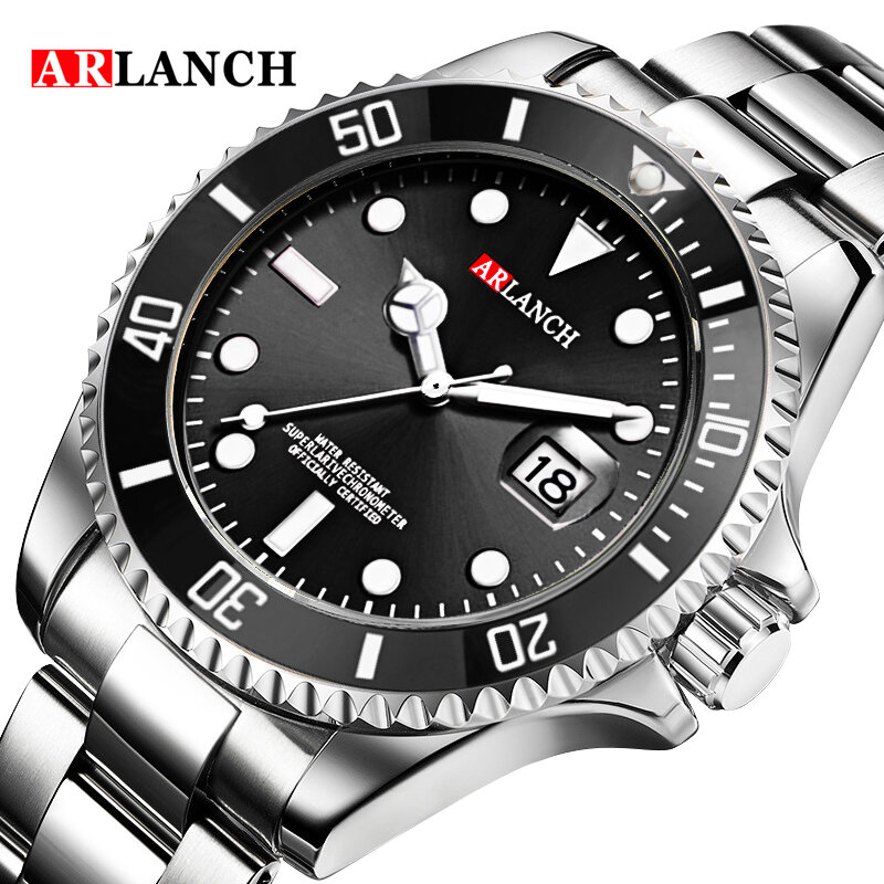 ARLANCH-인기 판매 패션 남성 시계, 최고 브랜드 럭셔리 풀 스틸 방수 스포츠 날짜 표시 쿼츠 시계 남성용