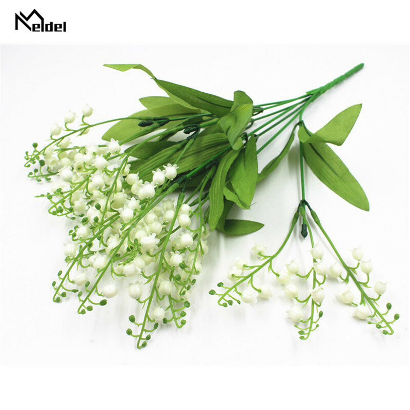 Meldel Mini Flower Bouquet Wedding 7 Forks Lily of the Valley Artificial Flower Fake Lily Valley White Home Party Wedding Decor