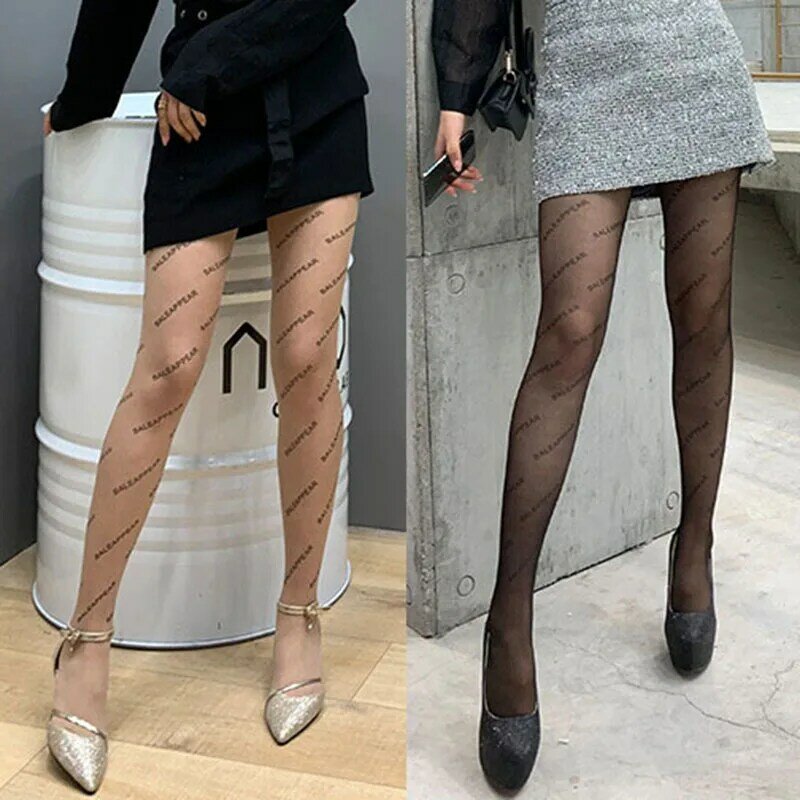 Moda feminina preto sexy fishnet meia-calça elástica impressão carta meias femininas malha fina fishnet estampado meia-calça
